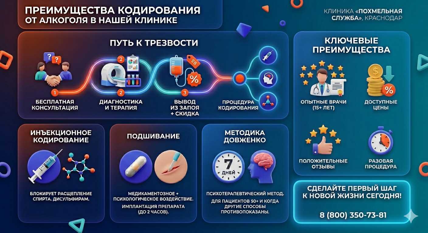 Инфографика о методах кодирования от алкоголя в Чапаевске: инъекции, подшивание, метод Довженко. Преимущества клиники и этапы лечения.